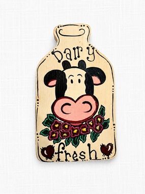 Vintage 90s Handpainted Dairy Fresh Cow Wall Hanging - Cream & Black